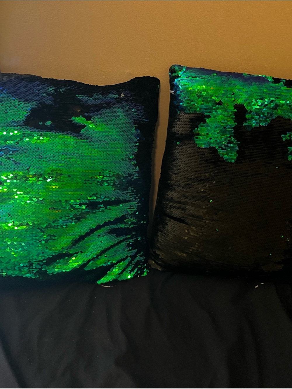 2 Reversible Sequin Pillow Covers - Green and Black